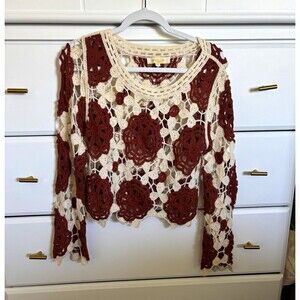 Rebellion Ivory Brown Floral Open-Knit Crochet Pullover Sweater Crew Neck M